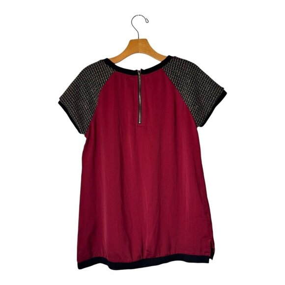 Sanctuary Shirt Women Medium Red Silky Short Tweed Sleeve Back Zip Blouse Preppy - Picture 2 of 7